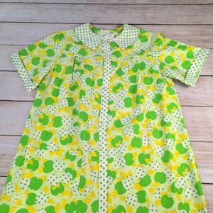 Vintage Sears Koffee Kasuals Apple Print House Dress Green Yellow Cotton Small